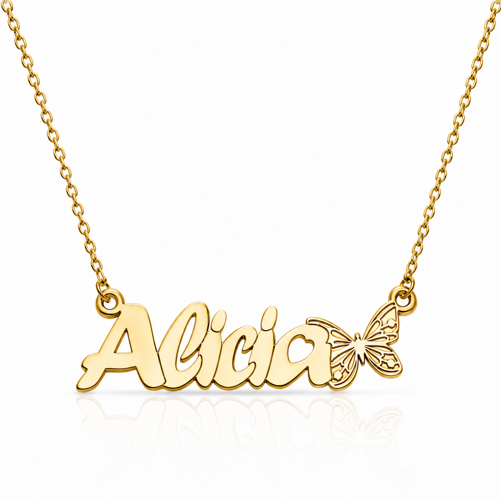 Gargantilla personalizada con nombre y mariposa en Oro de 18 Kl.