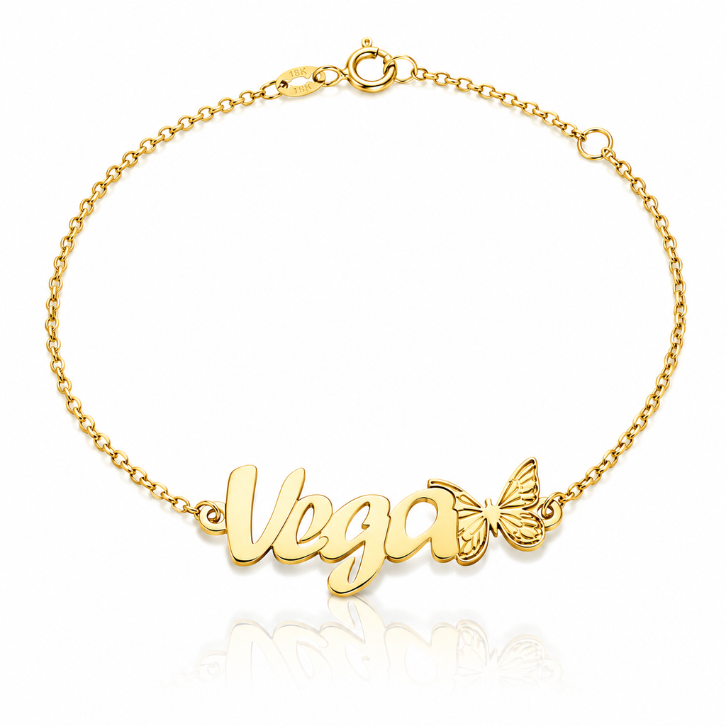 Pulsera personalizada con nombre y mariposa en Oro de 18 Kl.