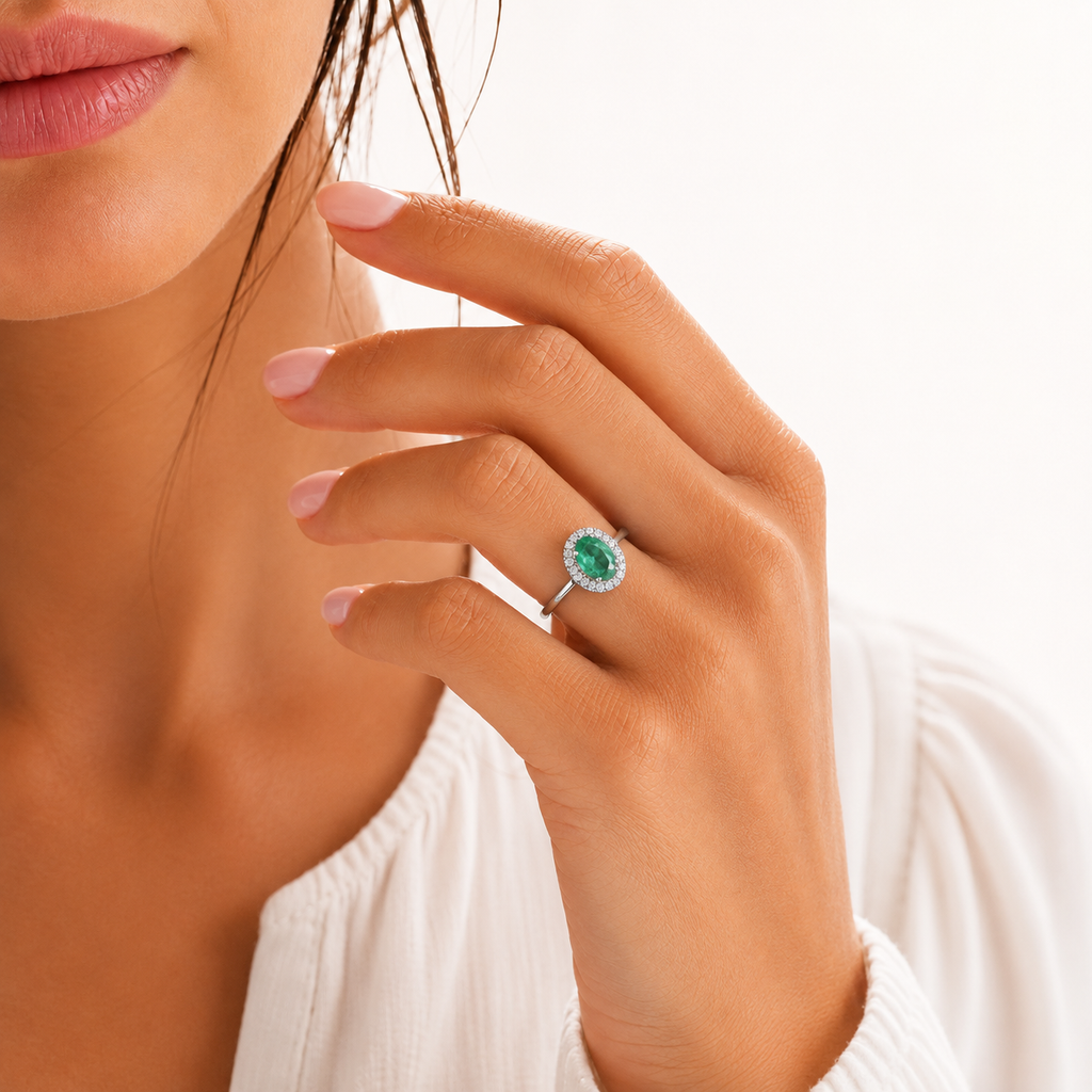 Sortija Esmeralda Halo de Oro Blanco 18K con Diamantes