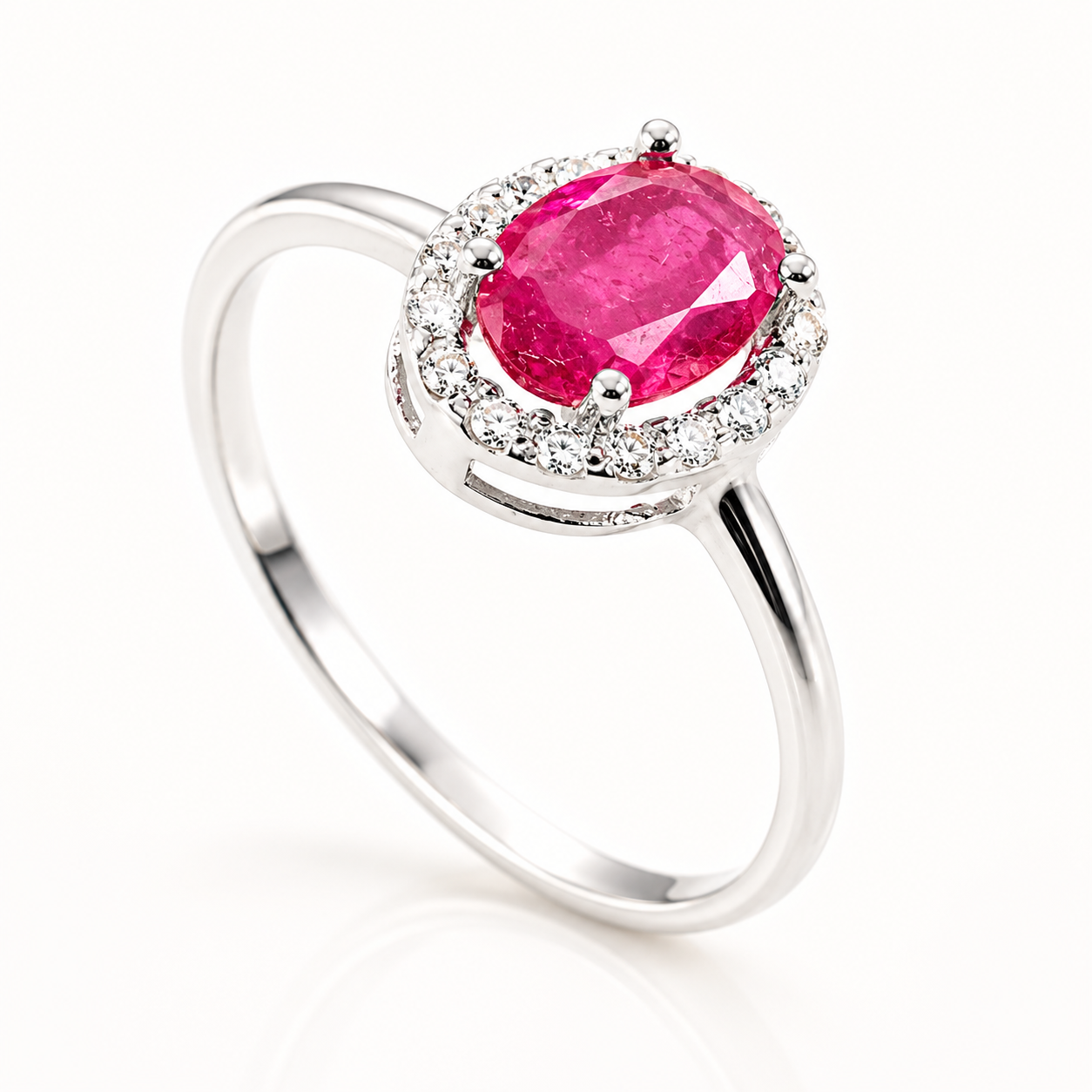 Sortija Rubí Halo de Oro Blanco 18K con Diamantes
