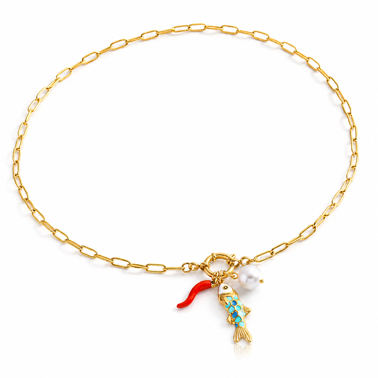 Collar Portofino · Pez Turquesa, Guindilla Roja y Perla